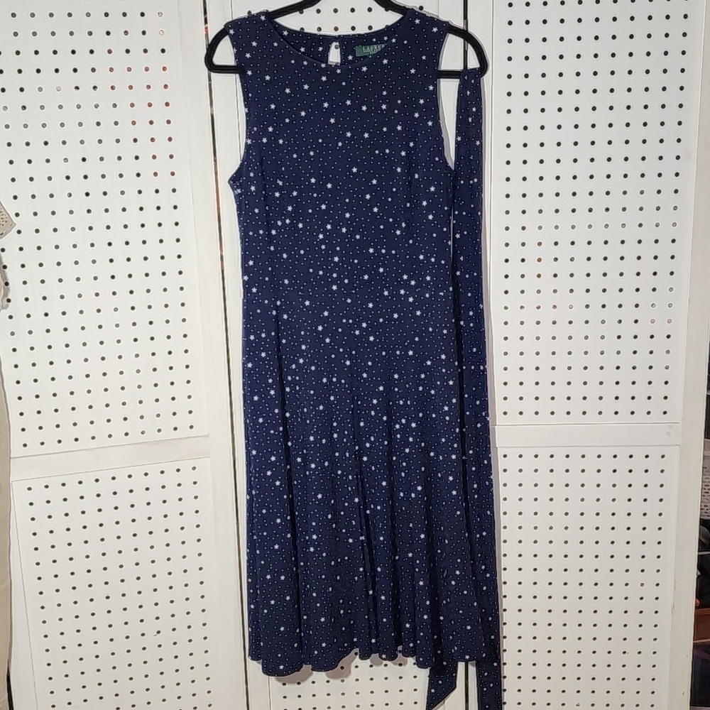 Lauren Ralph Lauren Size 10 Midi Swing Dress Navy Blue Stars Pattern Sleeveless